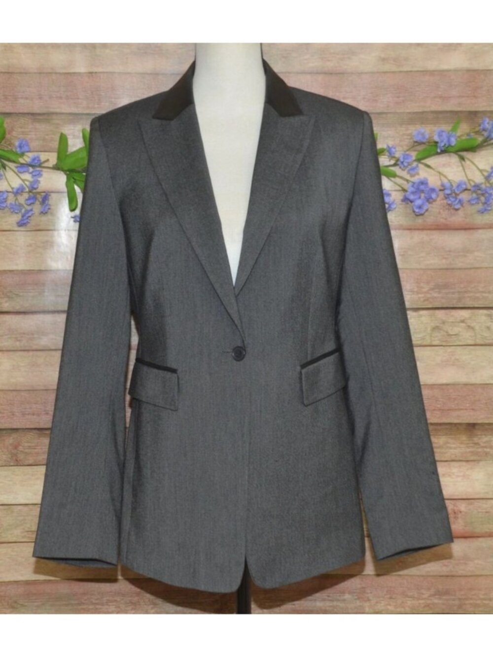 VTG Express Blazer Jacket Ladies 7/8 Gray Preppy Career Leather Collar Academia